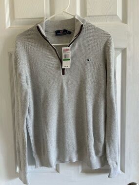 Vineyard Vines women’s  Light Gray Quarter-Zip Sweater with Dark Trim